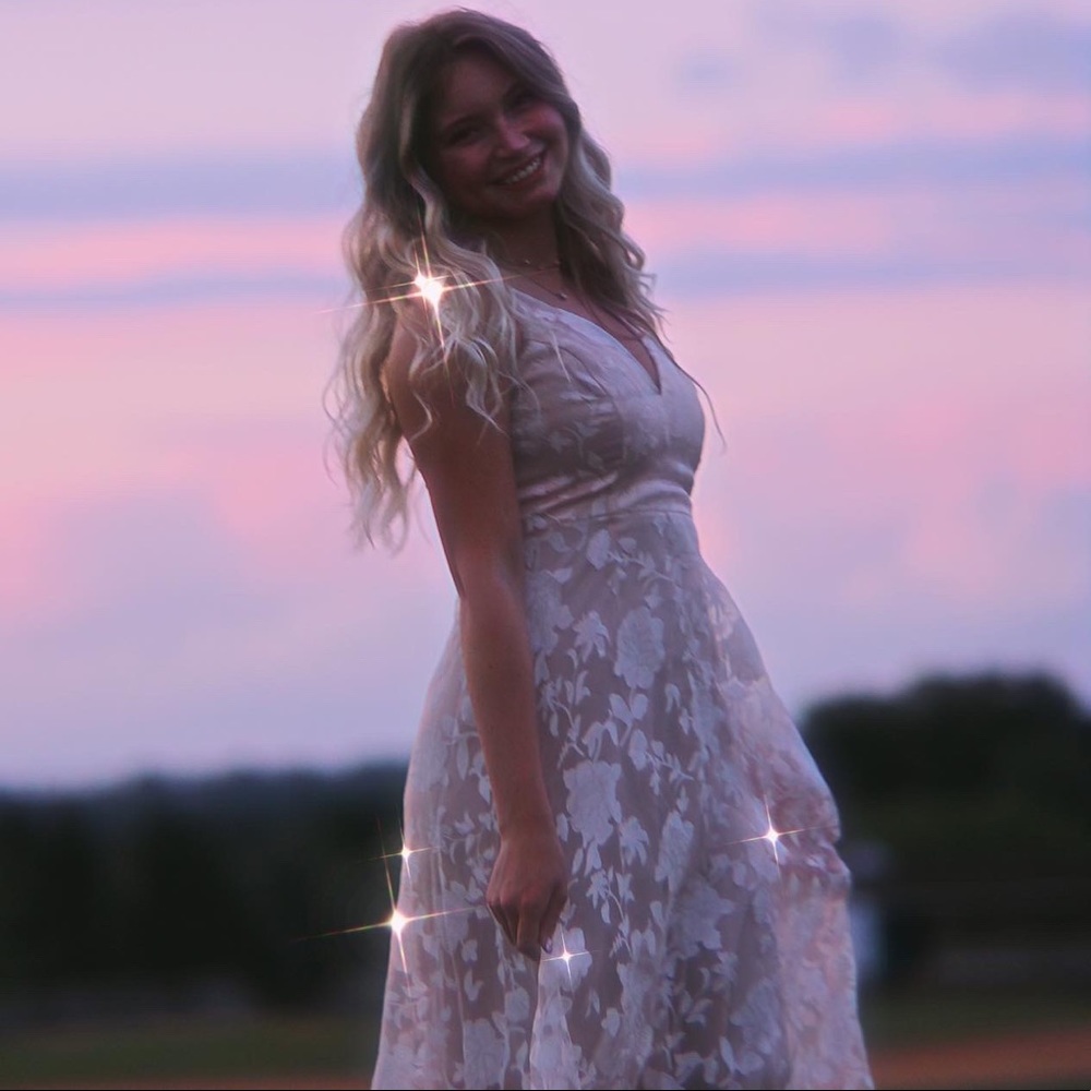 Floral flowy light pink prom dress